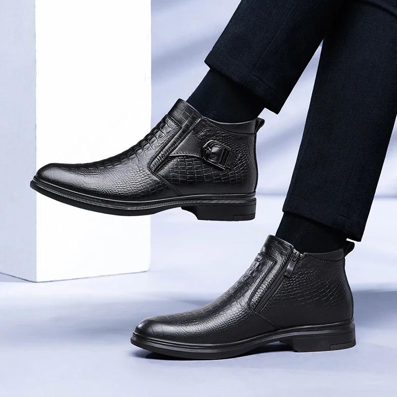 Fashion Classic Brand Men's Genuine Leather Casual Shoes Thick Soled Winter New Men's High Top Ankle Boots Office Business Short Boots