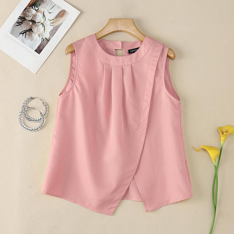 ZANZEA Camisetas sin mangas de verano para mujer con cuello redondo casual