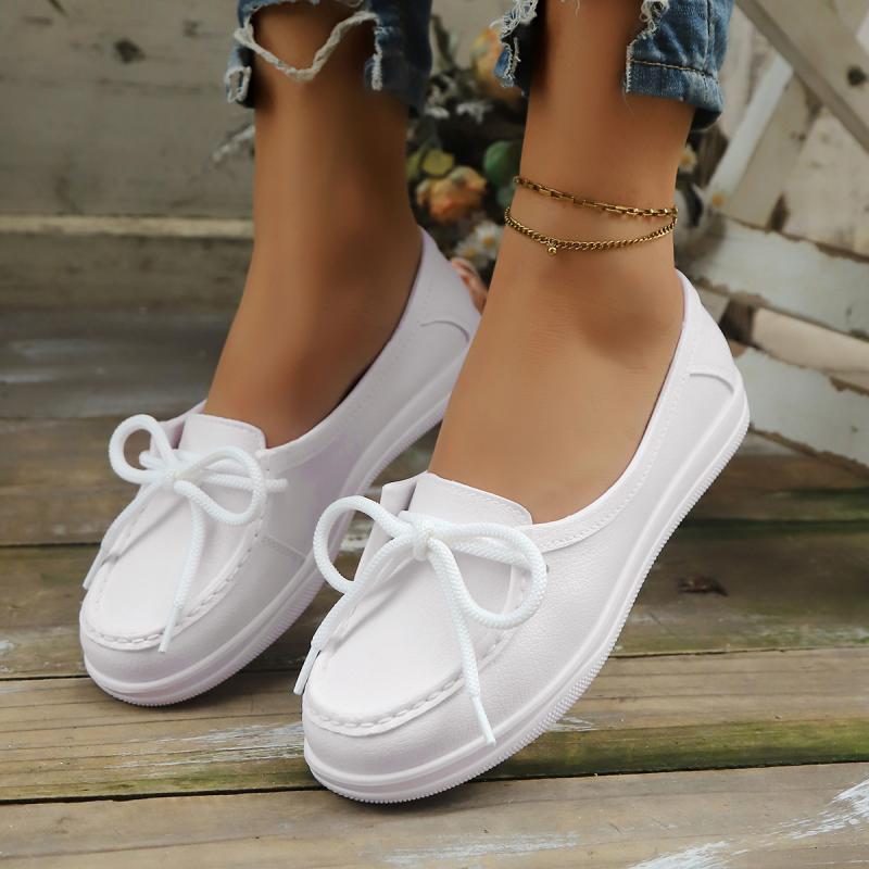 Fashion Classic Bowknot Decoration Pu Slip On Pumps Women 2025 Summer Round Toe Low Heel Loafers Shoes Elegant Soft Sole Nurse Shoes
