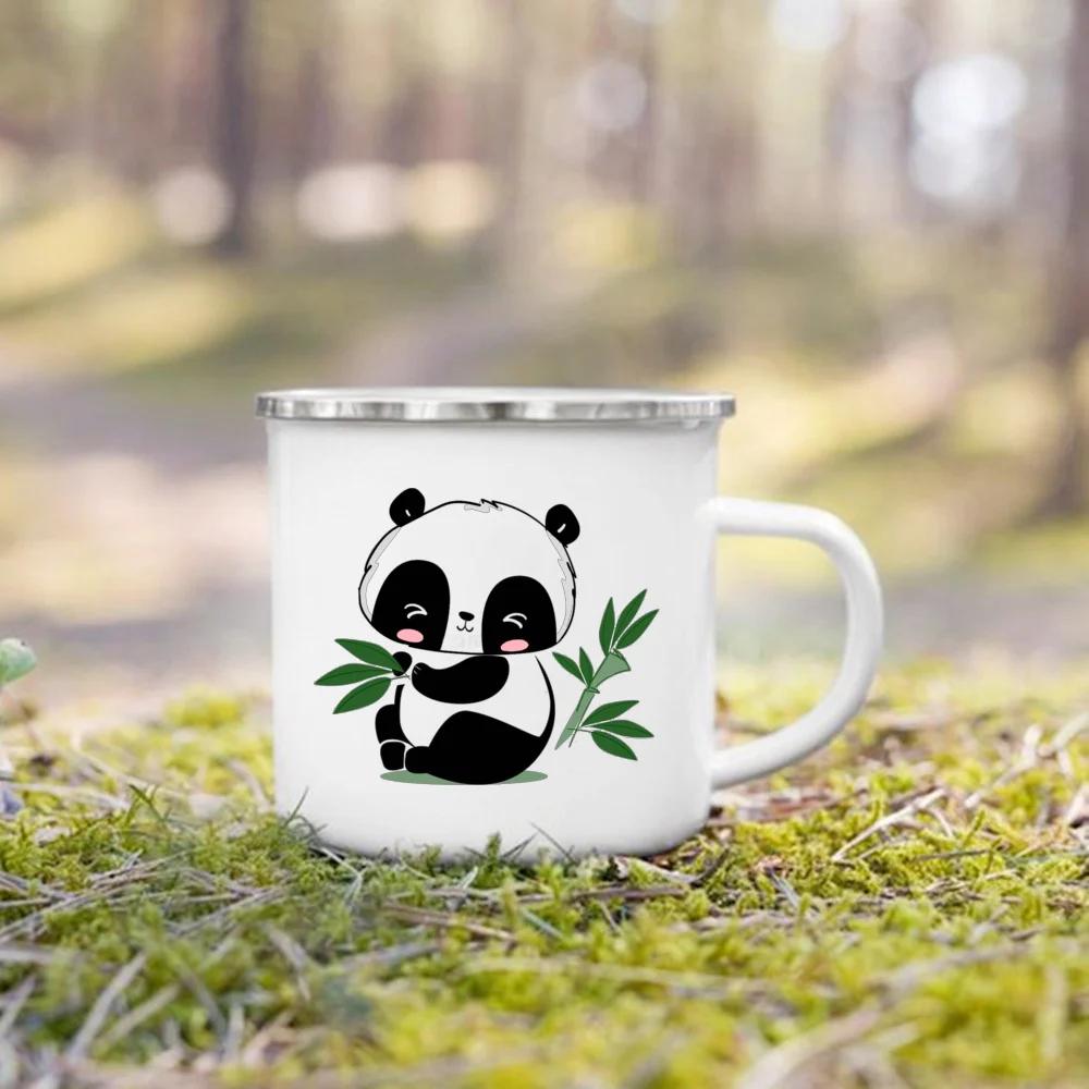 Flower Panda Printed Creative Enamel Water Cup Drink Dessert Breakfast Milk Cups Kid Mugs Handle Mug Birthday Gifts for Childen