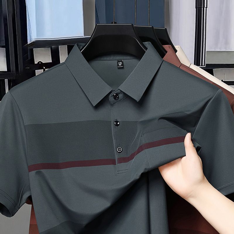 Men's Striped Short Sleeve Polo Shirt With Pocket Turn Down Collar Casual Business Breathable Summer Tops