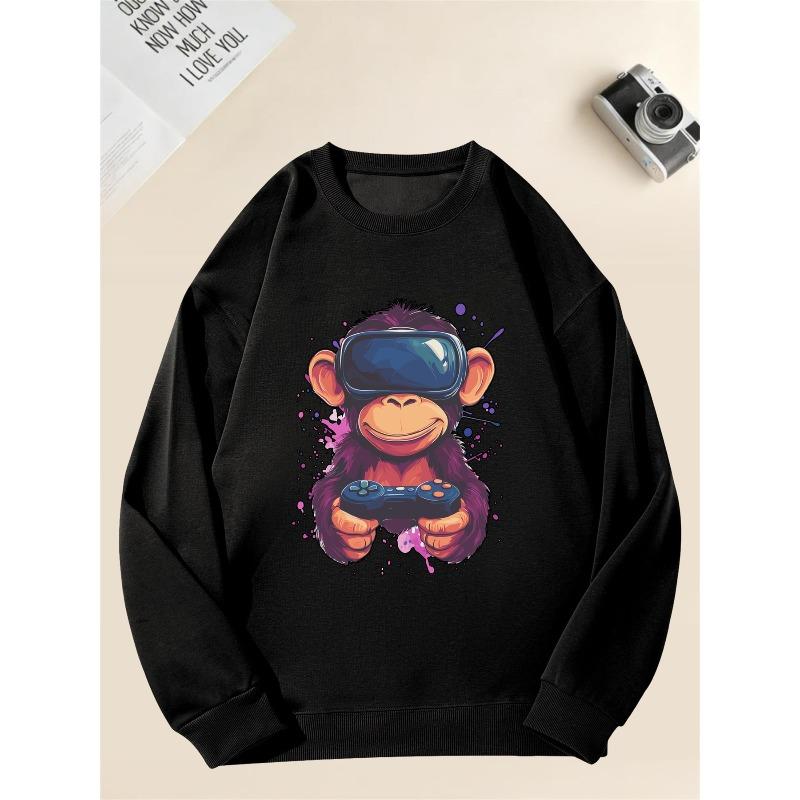 Men's Casual Crewneck Sweatshirt with Monkey Wearing VR Glasses Playing Games Graphic