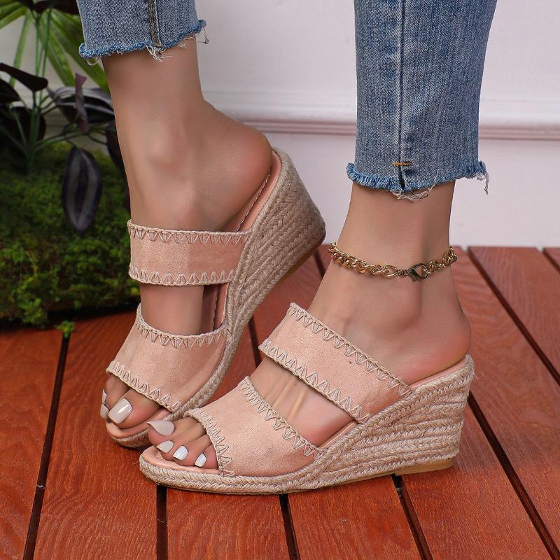 Large Size Hemp Rope Slope Heel Slippers Women's Summer New Hot-selling Thick Bottom One-word Slippers