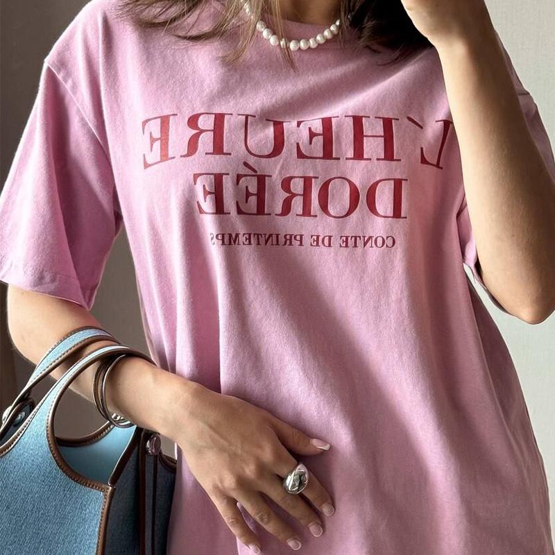 Pink Short Sleeve T-shirt Women's Loose Casual Round Neck Letter Print Thin Large Size Summer Top
