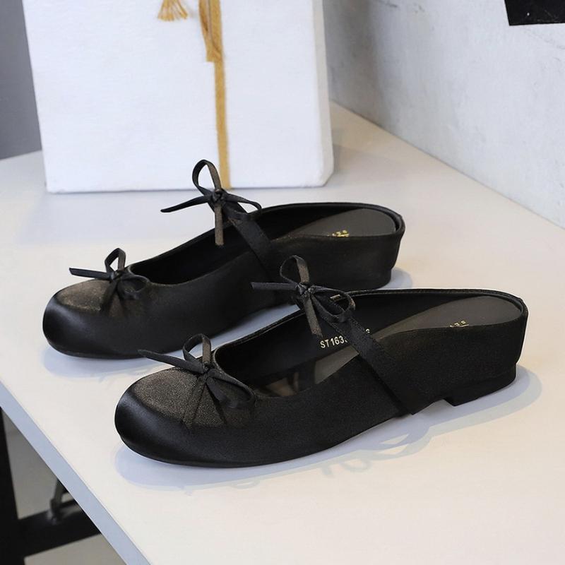 French Satin Bow With One Strap With Shallow Mouth Half-Tugging Women's Hollow Inner Heightened Round-Head Sandals Comfortable