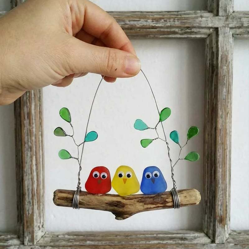 

Rainbow Sea Glass Birds on Driftwood - Handcrafted Wall Hanging for Coastal Beach Home Decor Eco-Friendly