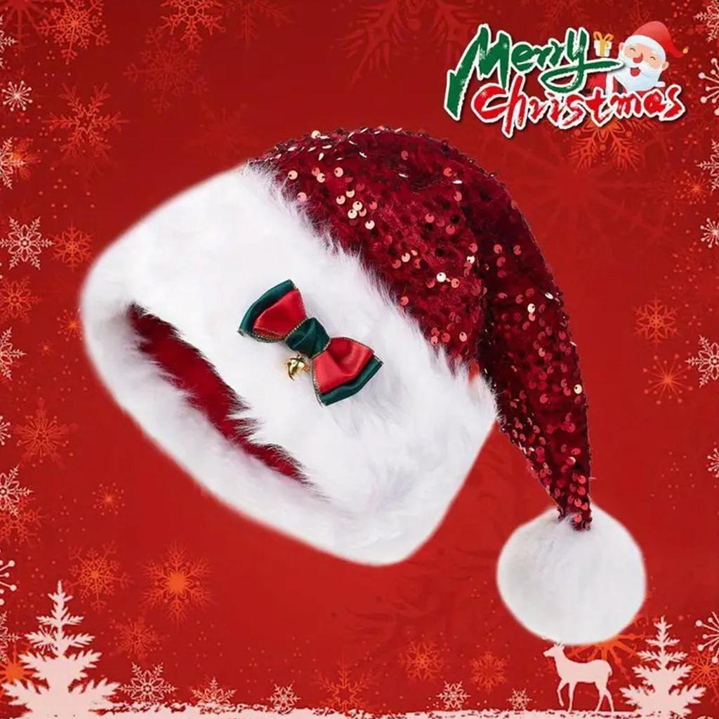 Christmas Hats Adults Sequins Bow Plush Headgear Large Winter Holiday Hats for Women for Costume Party Family Outfit