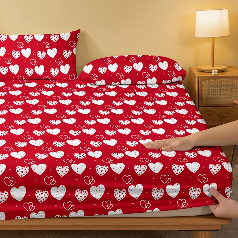 1 Simple Modern Heart-Shaped Printed Matte Fitted Sheet, Bedroom Printed Bed Cover, Bedding (Excluding Pillowcases)