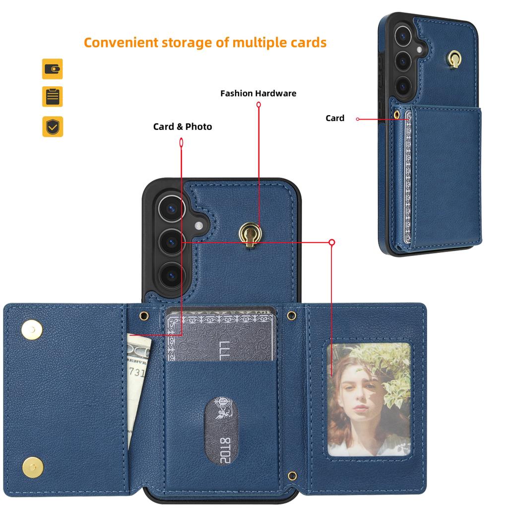 For Samsung Galaxy S25 Case Tri-Fold Card Holder Kickstand TPU + Leather Back Cover with Shoulder Strap