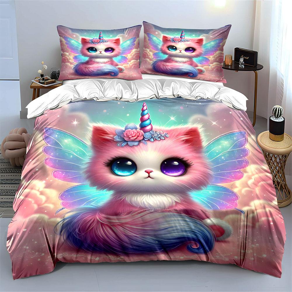 Fantasy Unicorn Cat Set Imagery Exquisite Three-Piece Bedding Set Gift For Kids And Adults