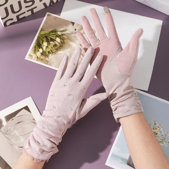 1 Pair Floral Print Anti-slip Palm Driving Gloves Full Finger Lace Stitching Wrist Extended Girls Outdoor Riding Sunscreen Mittens Cycling Accessories