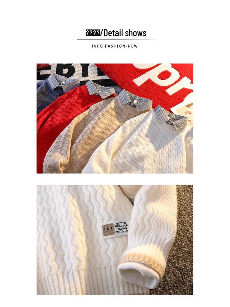 2024 Men's Autumn/Winter Loose Knit Sweater with Shirt Collar, Plus Velvet Two-Piece Look