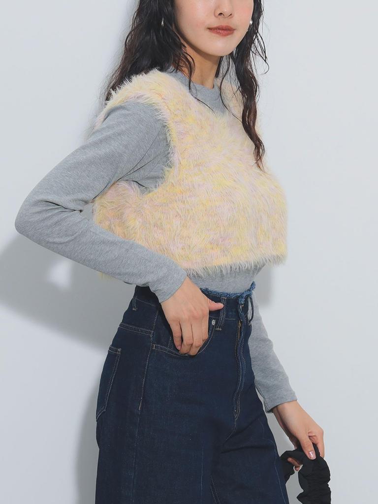 Knit oMIX Shaggy Vest Set ONE SIZE [Beams Heart] L/S Women's YELLOW×GREY