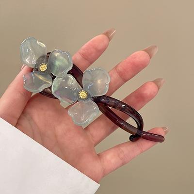 Women S Acetate Flower Hair Claw 2 Delicate Pink Petal Blooms Gold Centers, Dark Brown Base  Chic Daily Casual Hair Accessory