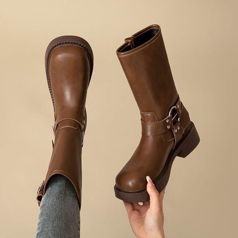 Vintage Boots Western Boots Knight Fashion Boots 2025 Summer But Knee Belt Buckle Thick Heel Brown Martin Boots
