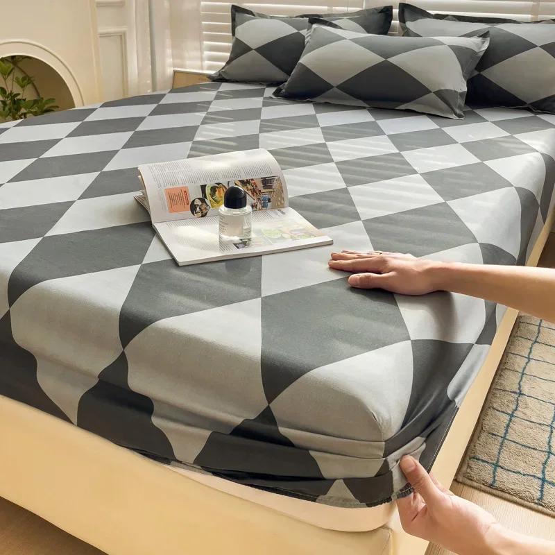 Plaid Fitted Sheet Simple Style Single/Queen/King Bedroom Home Bed Sheet Mattress Cover Pad Bedsheet ( Pillowcase Can Order )