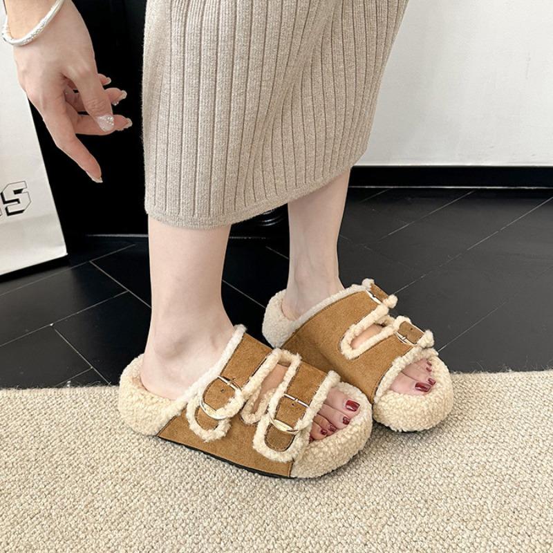 Thick-bottomed fluffy slippers for women to wear new autumn and winter one-word drag fluffy home cotton slippers
