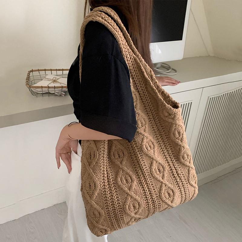 Wool Knitted Shoulder Shopping Bag for Women Vintage Cott Cloth Girls Tote Shopper Bag Large Female Handbag Crochet Bag