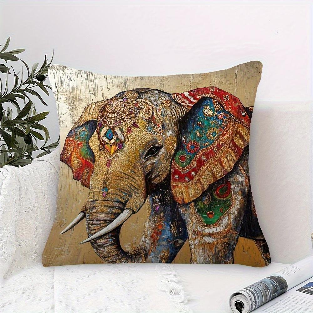 2D Flat- Bohemian Luxury Elephant Print Throw Pillow Cover Vintage Gold Texture Decorative Cushion Case