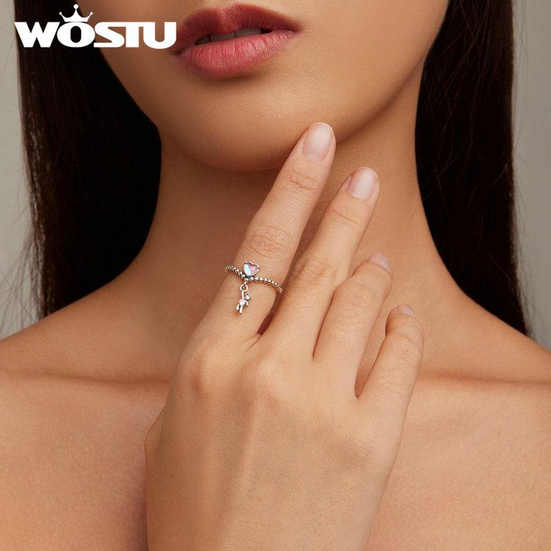 WOSTU 925 Sterling Silver Shining Pink Zircon Little Bear Balloon Ring for Women Birthday Gift Jewelry