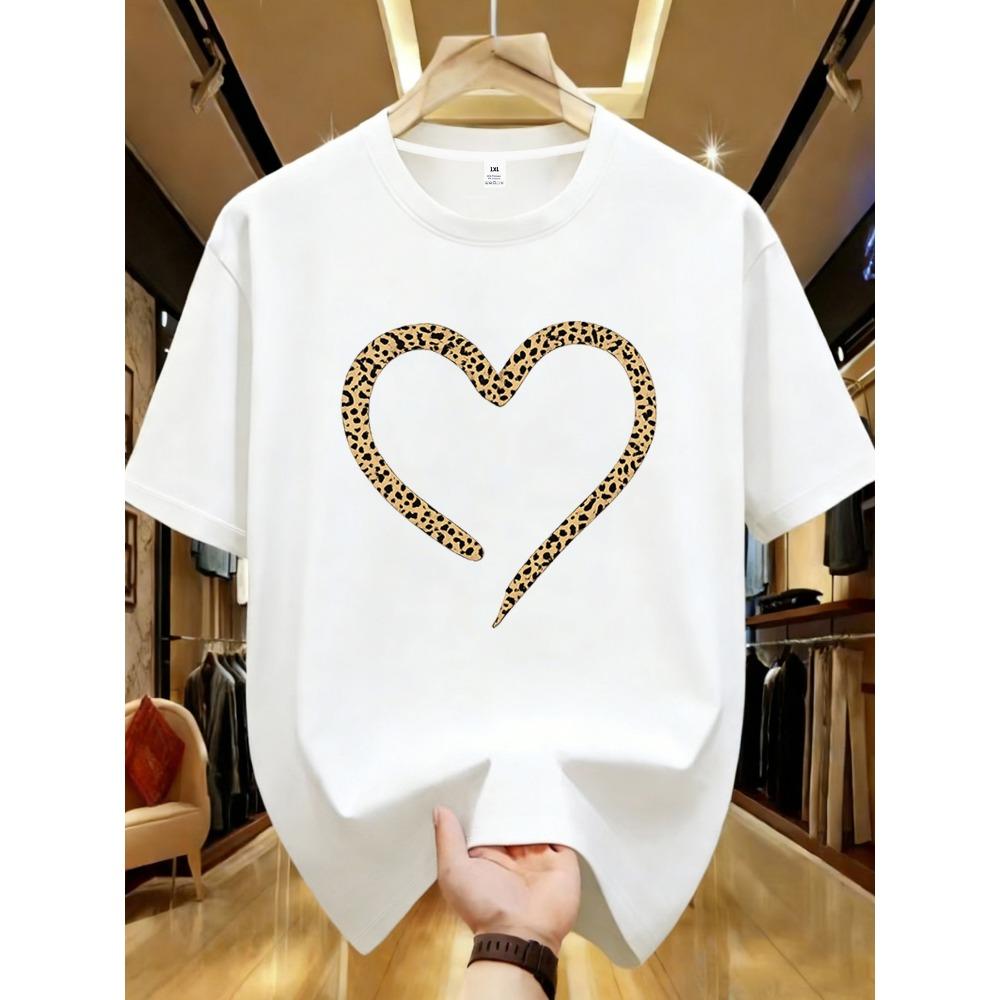 

leopard print heart Plus size women s round neck short sleeve T-shirt with elastic half sleeves and trendy prints 4XL