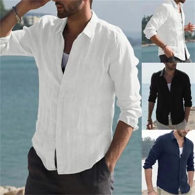Camisa de verão praia algodão linho camisas masculinas cardigan topos de manga comprida gola virada para baixo ajuste fino tamanho grande