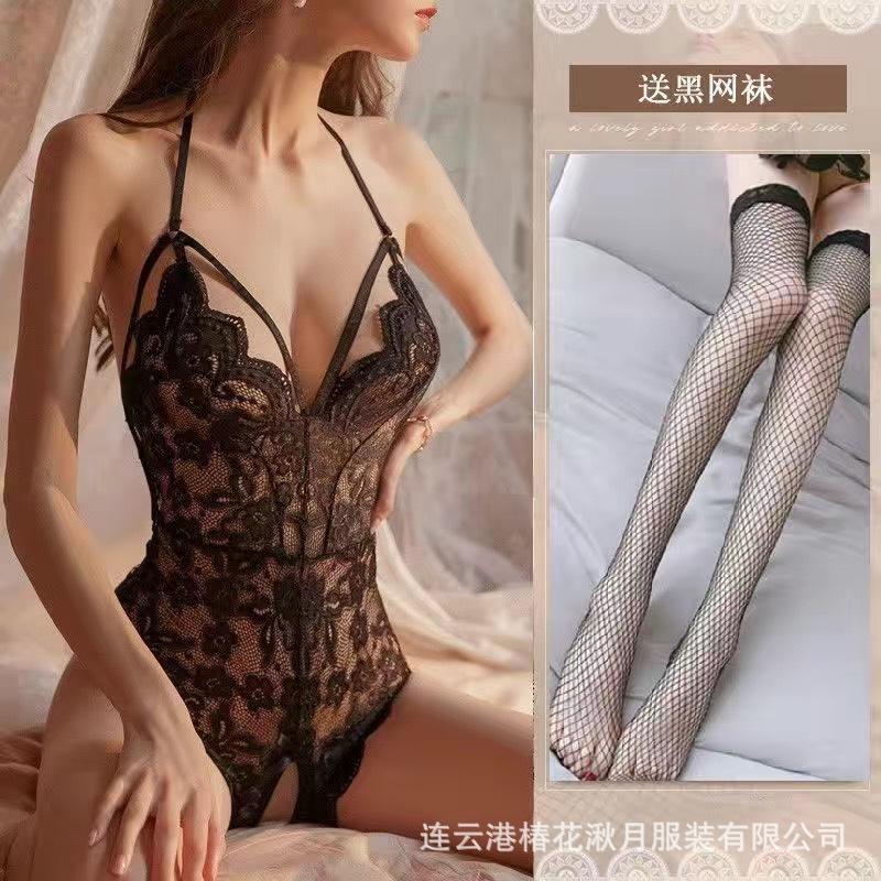 Sexy Female Sexy Backless Perspective Tight Lace Onesie Open Crotch Free of Temptation A99