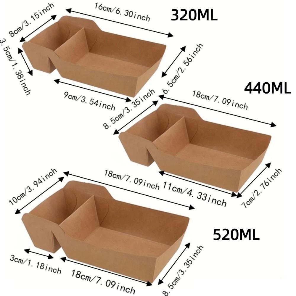 50Pcs 320/440/520ML Capacity Disposable Food Serving Tray Two Grids Kraft Paper Snack Box Camping