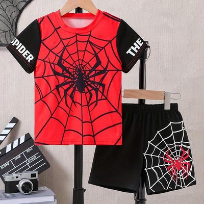 Spider Web Print Short Sleeve T-shirt + Comfortable Boys Shorts Set