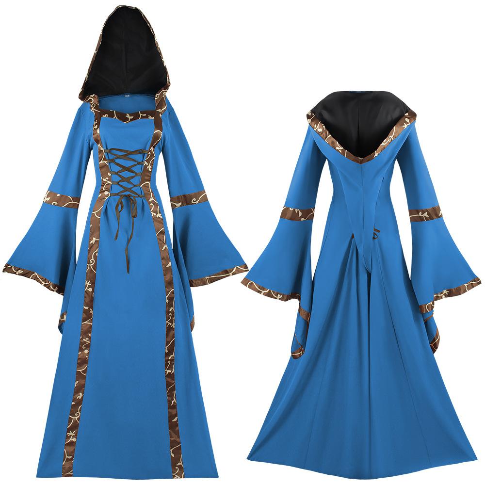 Medieval Clothing Retro Hooded Dress Square Neck Strap-up Flared Sleeve Big Swing Dress Performance Clothing