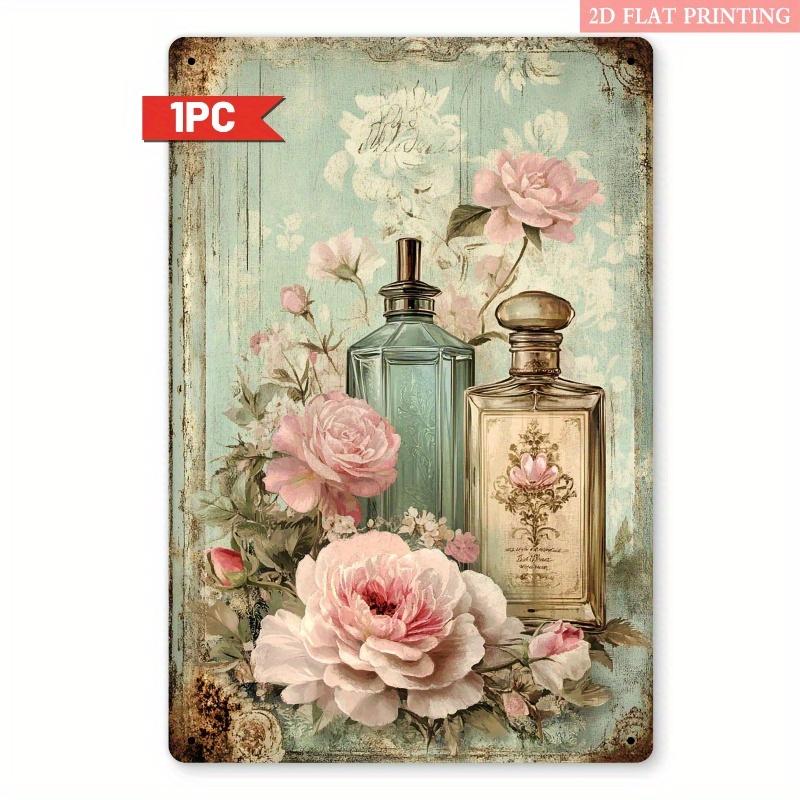 

Vintage D Flat Shabby Chic Pink Peony Perfume Bottles Retro Tin Sign Elegant Floral Metal Wall Decor for Bathroom Vanity 20x30cm（7.8x11.8inch）