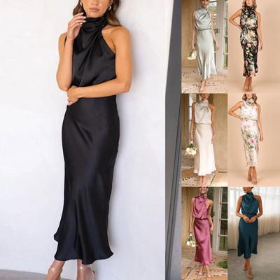 Women's Summer Long Formal Satin Dress Mock Neck Sleeveless Tank Dresses