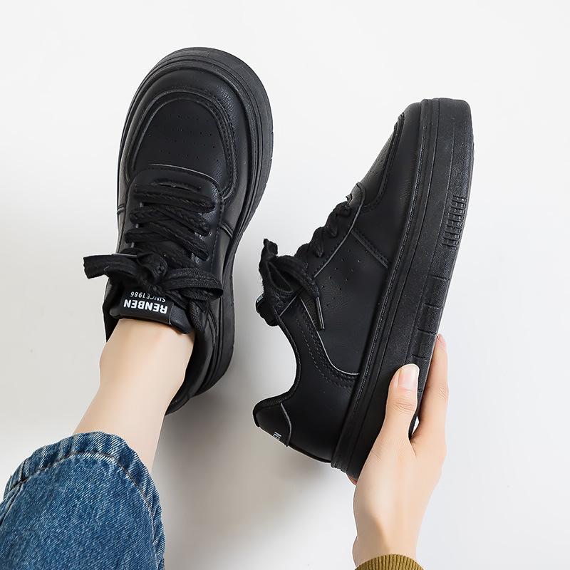 Fashion Spring Women Faux Leather Sneakers Lace Up Low-top Round Toe Thick Bottom Outdoor  Women Shoes Comfy Versatile Zapatos De Mujer