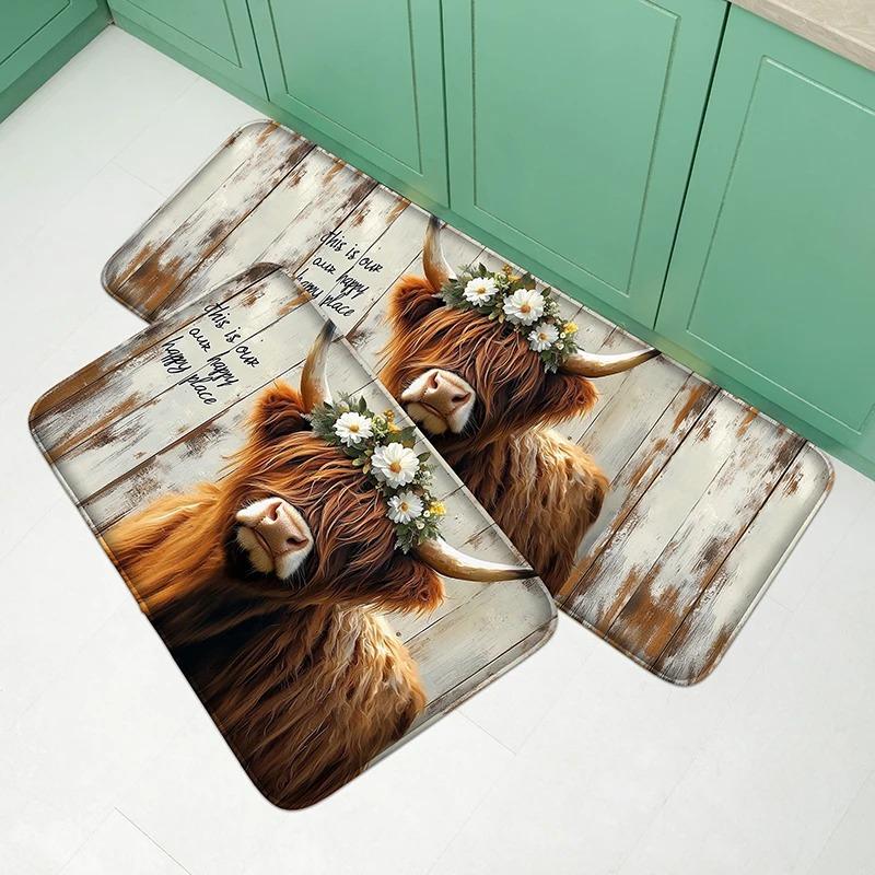 Cute High Mountain Cow Pattern Kitchen Absorbent Door Mat Soft and Comfortable Entrance Mat Bedroom Floor Mat Bathroom Carpet