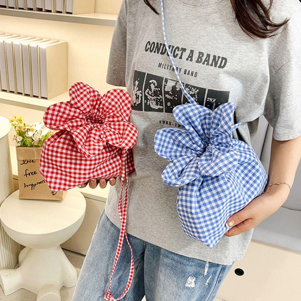 Cute Plaid Flower Crossbody Bag Portable Ins Shoulder Bag Casual Flower Drawstring Bag  Travel