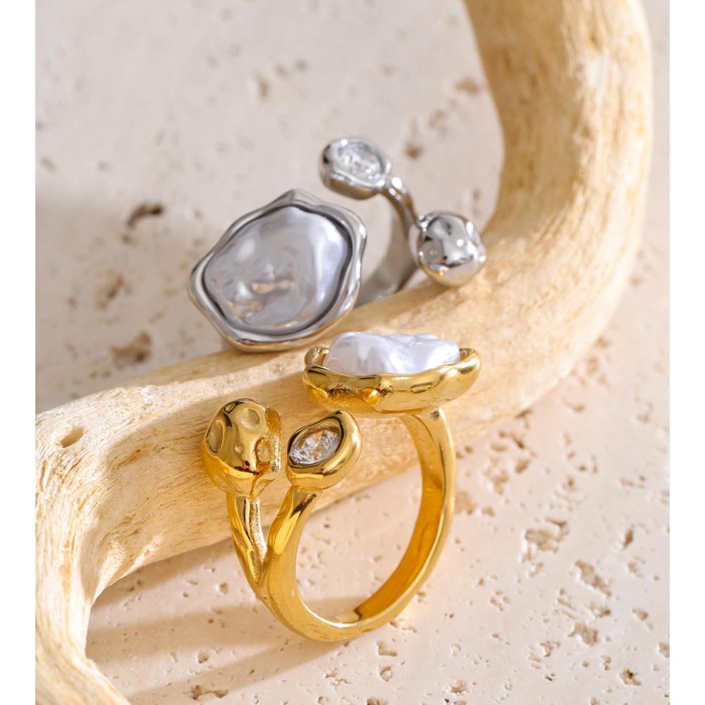 Yhpup Size 8 Stylish Unique Simulated Pearls Zirconia Finger Ring Gold & Platinum Plated Stainless Steel Geometry Retro Jewelry