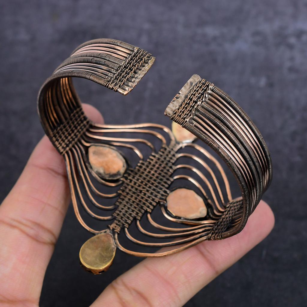 Burmise Sapphire Natural Gemstone Copper Wire Wrap Cuff Bangle Adjustable w6O27