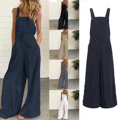 Women Cotton Wide Leg Overalls Loose Dungarees Pants Plus Size Vintage Jumpsuits