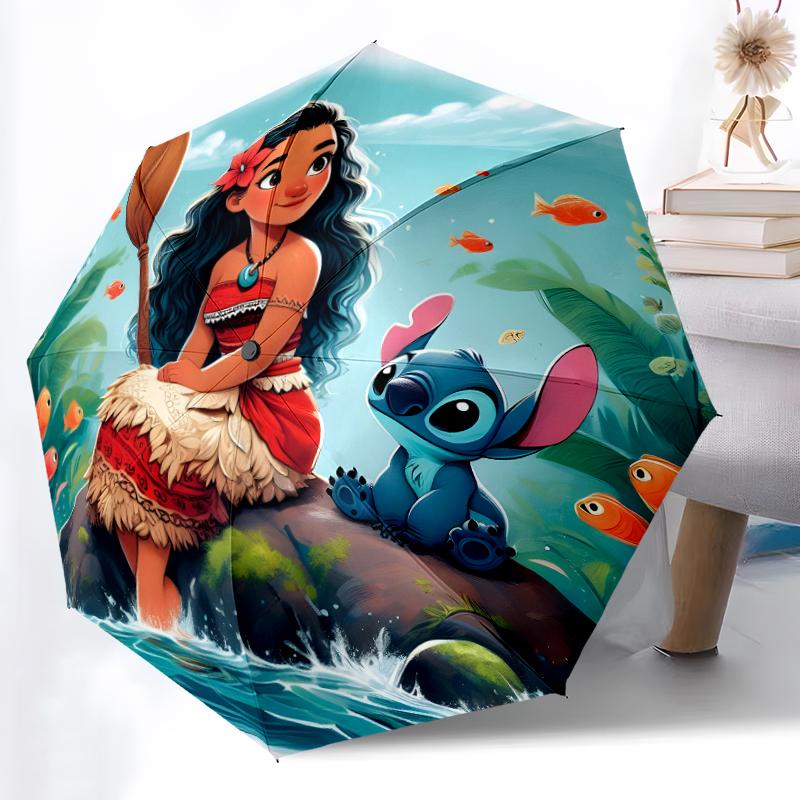 1pc Sturdy 8-Bone Auto Umbrella, Moana And Stitch Ocean Pastel Floral Umbrella, Digital Printed, Foldable Umbrella for On-the-Go Outdoor Use