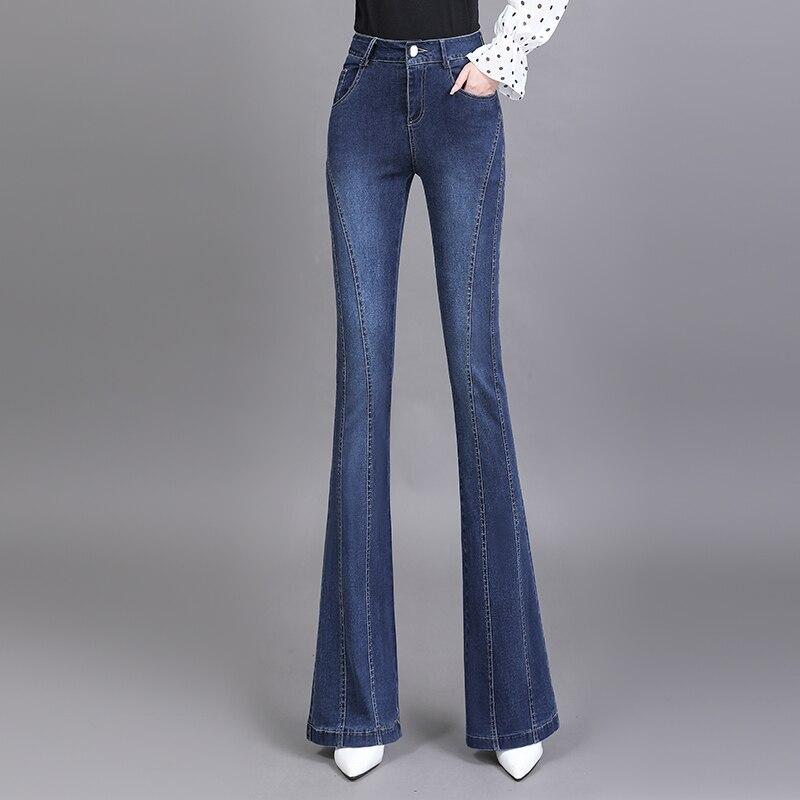 

Весенне-осенние модные корейские эластичные джинсы с высокой талией, уличная одежда в стиле Харадзюку, женские винтажные узкие эластичные расклешенные джинсы с высокой талией XXL синий