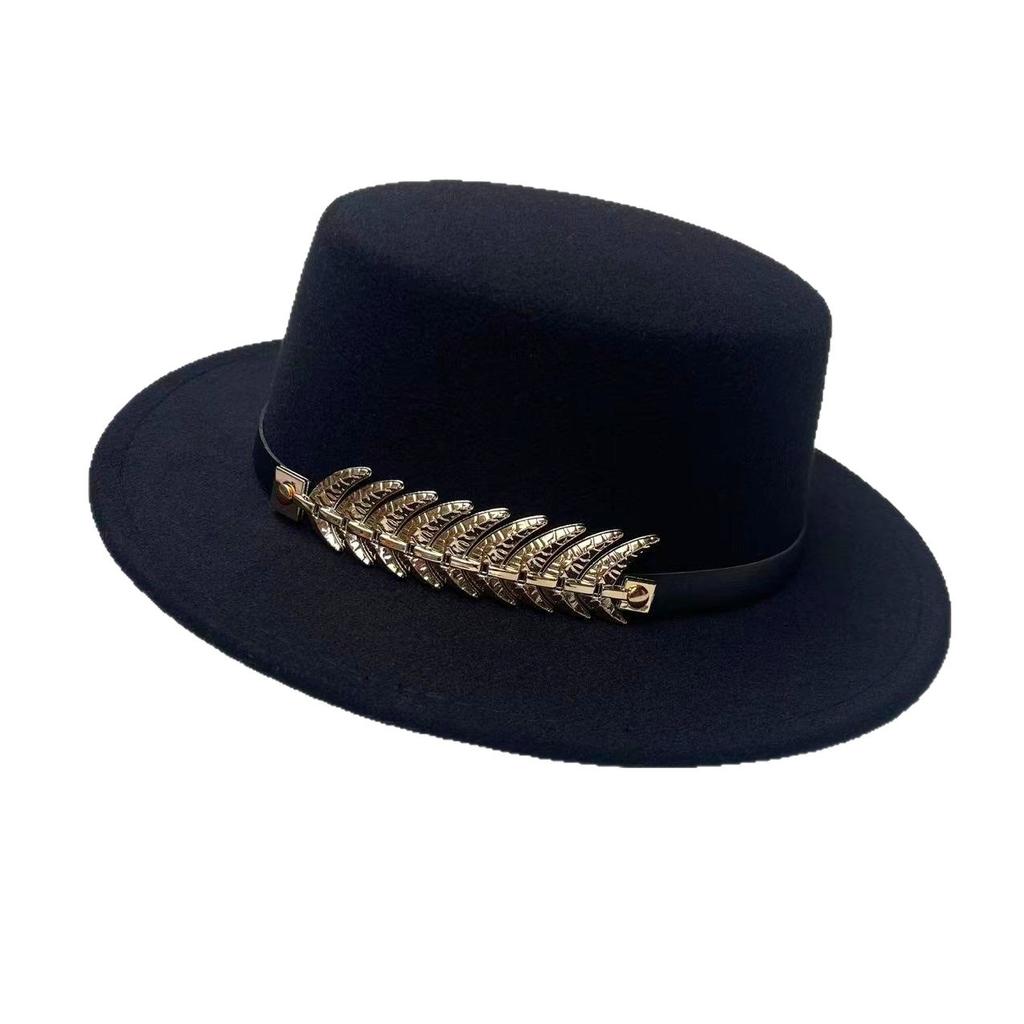 New Belt Buckle Woolen Hat British Retro Autumn and Winter Hat Men's and Women's Trendy Versatile Wide-brimmed Flat Top Top Top Hat