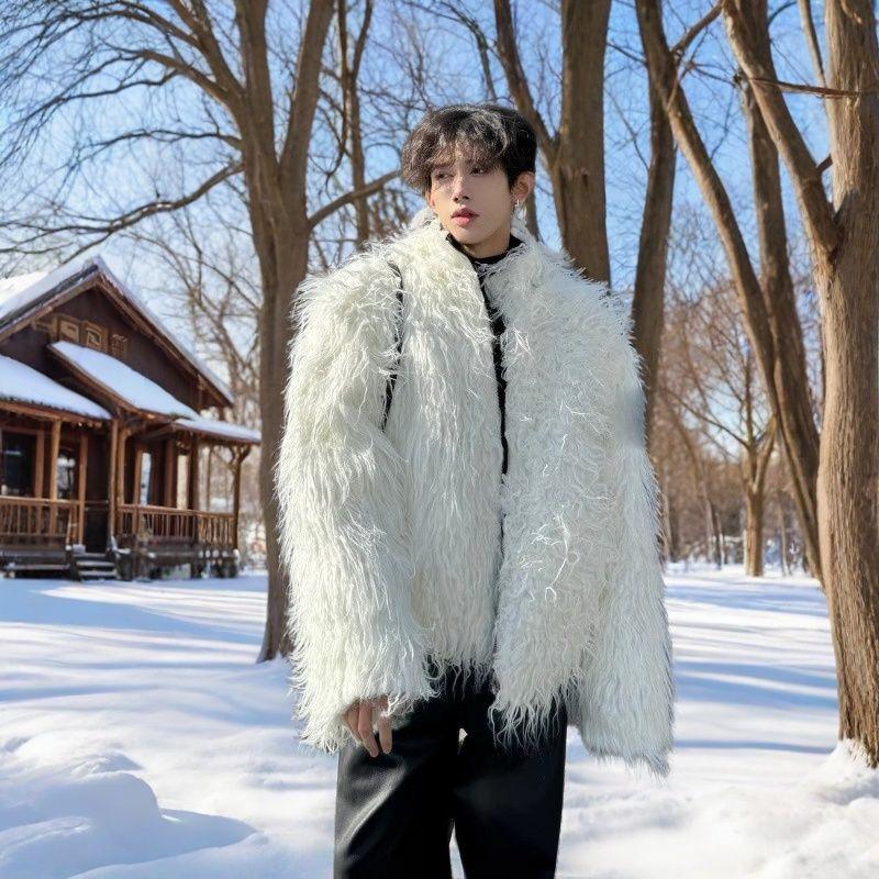 

Mens Black Faux Fur Coat Stand Collar Zip Up Fluffy Jacket S белый