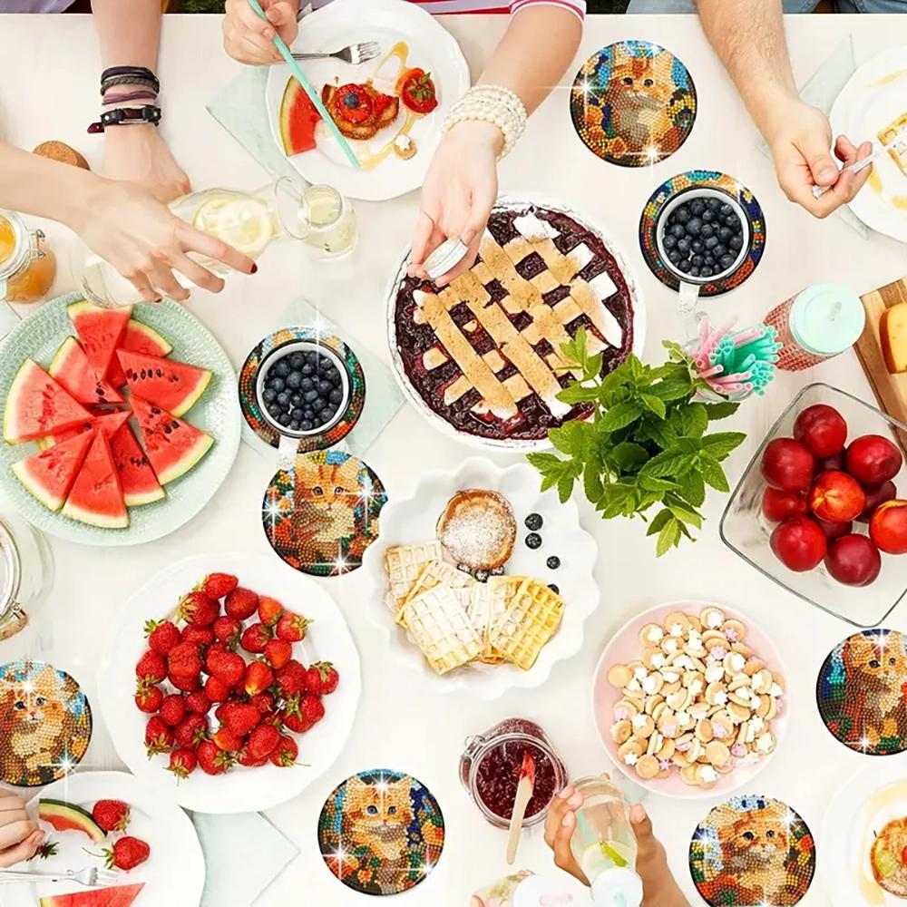 8 Bucăți/set de Suporturi de Pahar cu Model Pisică Pictat cu Diamante, Suporturi de Pahar DIY cu Suport, Potrivite pentru Începători și Adulți, Cadouri Consumabile Artă și Meșteșuguri