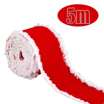 1/5m Weihnachtsdekoration Rote Bänder 5cm Breit Weißer Pelzrand Weihnachtsbaum Dekoband DIY Weihnachtsgeschenk Verpackungsband