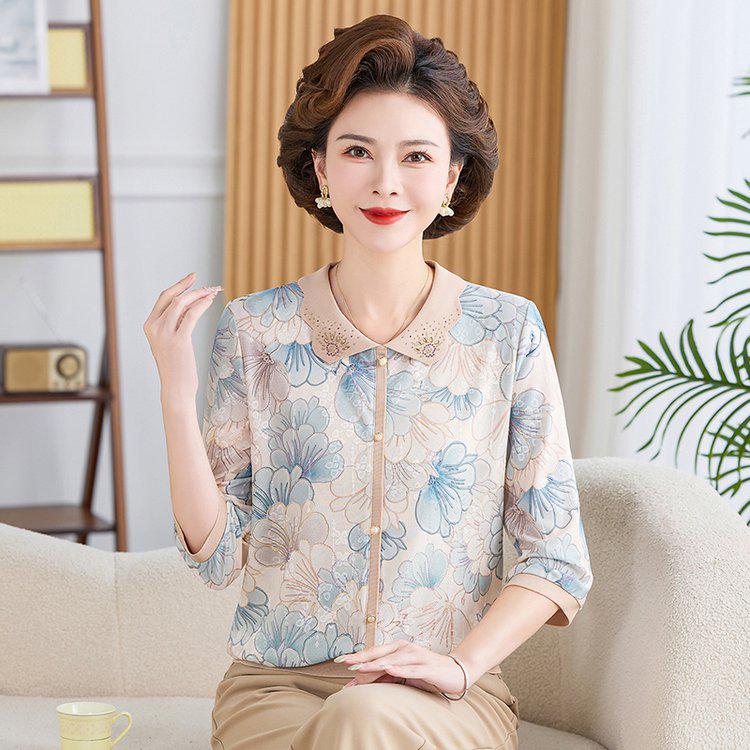 

Women s Fashion Casual Lapel T-Shirt Pullover with Seven-Point Sleeves - Simple & Comfortable Mother s Wear 5XL синий