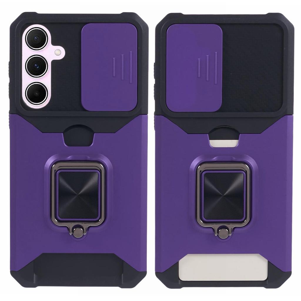 For Samsung Galaxy A55 5G Case PC+TPU Card Holder Phone Kickstand Cover with Slide Lens Lid