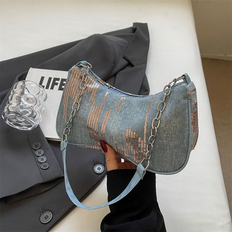 Trendy Denim Shoulder Bag 2024 Chic Chain Detail Medium Size Crossbody Bag For Women