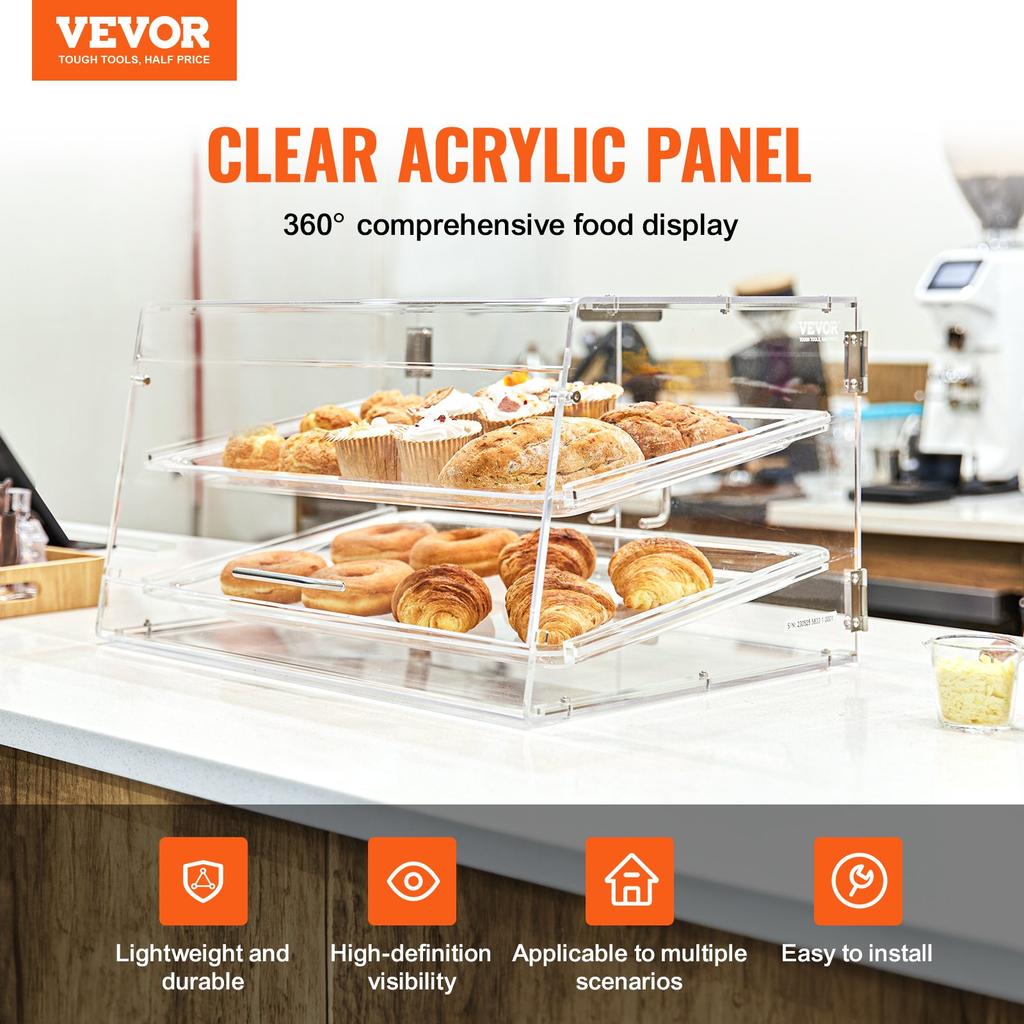 VEVOR Vetrina per Pasticceria, Vetrina da Banco Commerciale a 2 Piani per Panetteria, Scatola Espositore in Acrilico con Accesso Posteriore e Ripiani Rimovibili