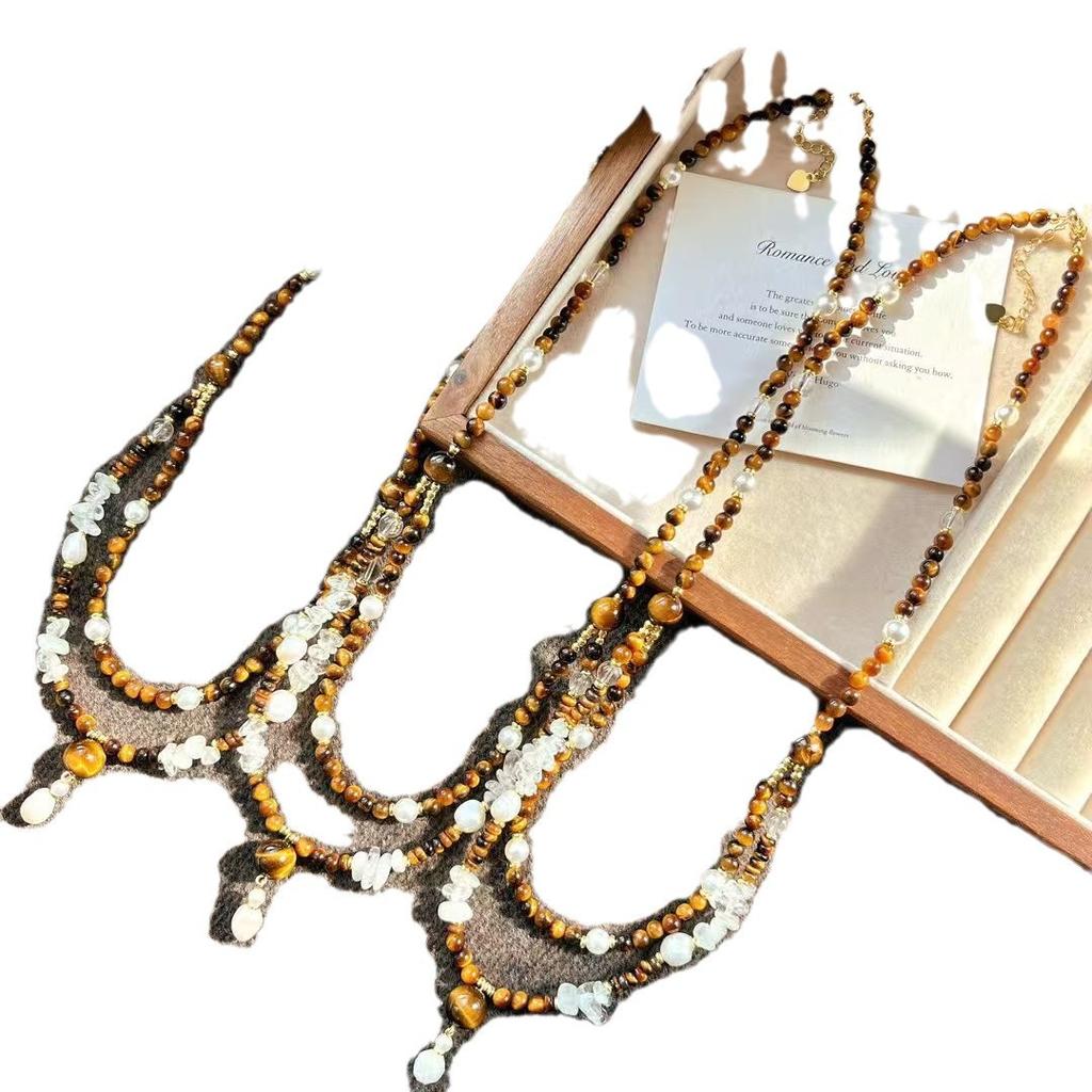 High-End Retro Maillard Natural Tiger'S Eye Stone White Crystal Artificial Crystal Pearl Design Sweater Chain Item