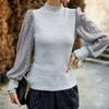 Women Winter Half High Neck Long Sleeve Sequins Splicing Knit Sweater Top
